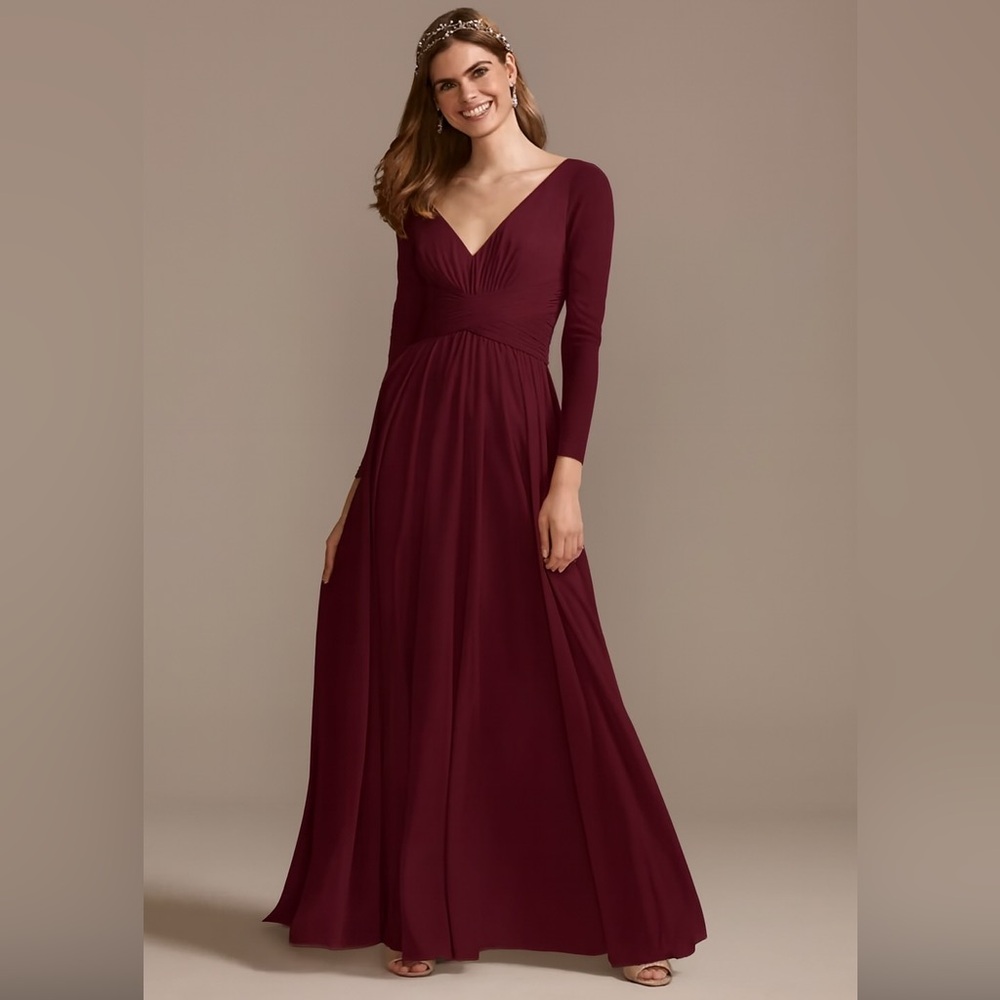 Mesh Illusion Long Sleeve Enchanted Dress - wine